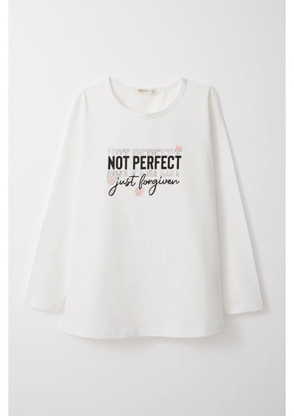 Kız Çocuk Uzun Kollu Tişört Yazı Baskılı Taşlı 9-14 Yaş, Ekru