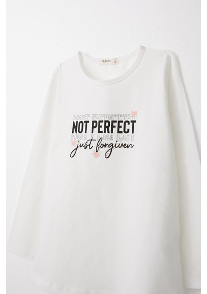 Kız Çocuk Uzun Kollu Tişört Yazı Baskılı Taşlı 9-14 Yaş, Ekru modelleri