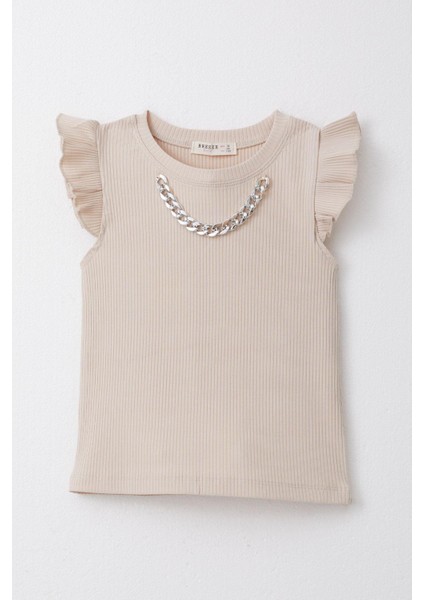 Kız Çocuk Tişört Kemer Boy Yakası Zincir Aksesuarlı 9-14 Yaş, Bej