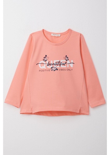 Kız Çocuk Uzun Kollu Tişört Kelebekli Yazı Baskılı 3-8 Yaş, Somon