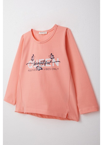 Kız Çocuk Uzun Kollu Tişört Kelebekli Yazı Baskılı 3-8 Yaş, Somon modelleri