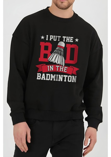 Badminton Tenis Baskılı Siyah Kadın Erkek Pamuklu Sweatshirt Cu59