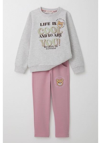 Kız Çocuk Eşofman Takım Simli Yazı Baskılı Sevimli Ayıcıklı 1.5-5 Yaş, Açık Gri Melanj