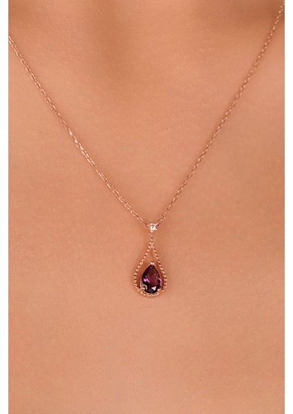 Ametist Mor Renkli Taşlı 18 Ayar Rose Altın Kaplama Mor Gümüş Damla Kolye 925 Ayar Gümüş Kadın Kolye | Bayan Zirkon Mor Taşlı Su Damlası Altın Kaplama Damla Rose Gold Kadın Gümüş Kolye
