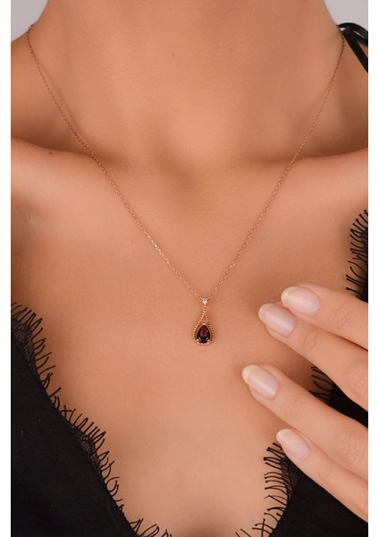 Ametist Mor Renkli Taşlı 18 Ayar Rose Altın Kaplama Mor Gümüş Damla Kolye 925 Ayar Gümüş Kadın Kolye | Bayan Zirkon Mor Taşlı Su Damlası Altın Kaplama Damla Rose Gold Kadın Gümüş Kolye