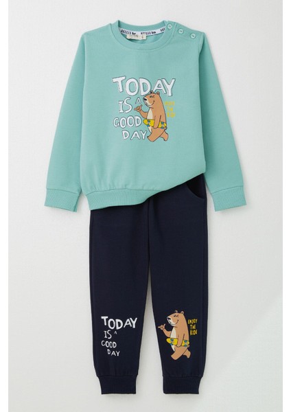 Erkek Çocuk Eşofman Takım Kaykaycı Ayıcık Baskılı 1-4 Yaş, Su Yeşili