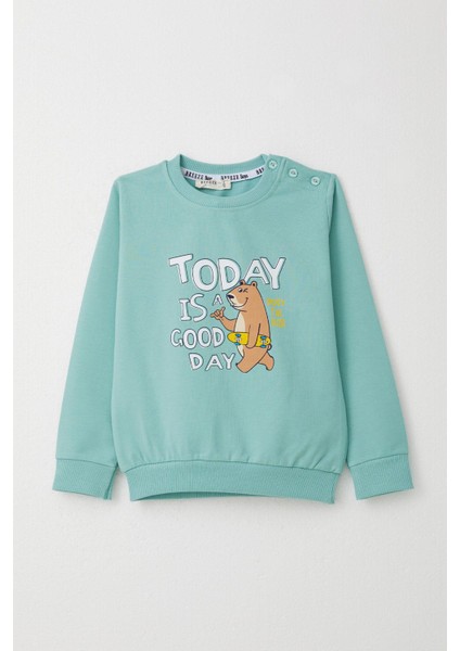 Erkek Çocuk Eşofman Takım Kaykaycı Ayıcık Baskılı 1-4 Yaş, Su Yeşili