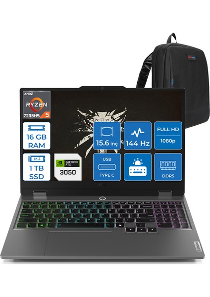 Loq 15ARP9 Ryzen 5 7235HS 16GB Dd5 1tb SSD 6GB/RTX3050/95W 15.6" Fhd IPS 144Hz Freedos Dizüstü Bilgisayar 883JC000QTRF02 + Zettaçanta