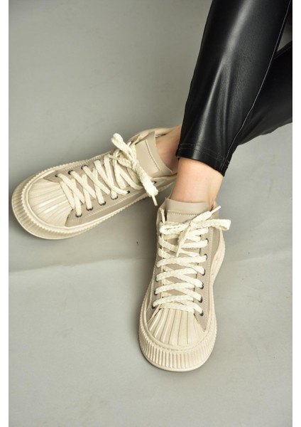 T973599609 Bej Yüksek Bilekli Spor Ayakkabı Sneakers