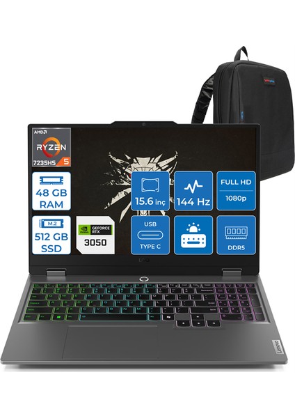 Loq 15ARP9 Ryzen 5 7235HS 48GB Dd5 512GB SSD 6GB/RTX3050/95W 15.6" Fhd IPS 144Hz Freedos Dizüstü Bilgisayar 883JC000QTRF12 + Zettaçanta