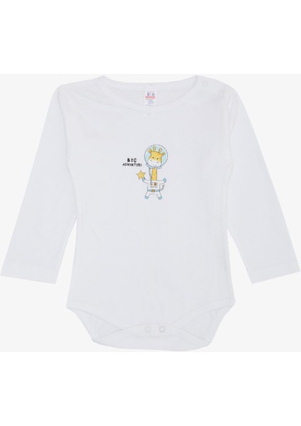Erkek Bebek Çıtçıtlı Zıbın Body Astronot Zürafa Baskılı 9 Ay-3 Yaş, Beyaz