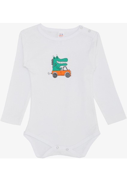 Erkek Bebek Çıtçıtlı Zıbın Body Şoför Timsahcık Baskılı 9 Ay-3 Yaş, Ekru
