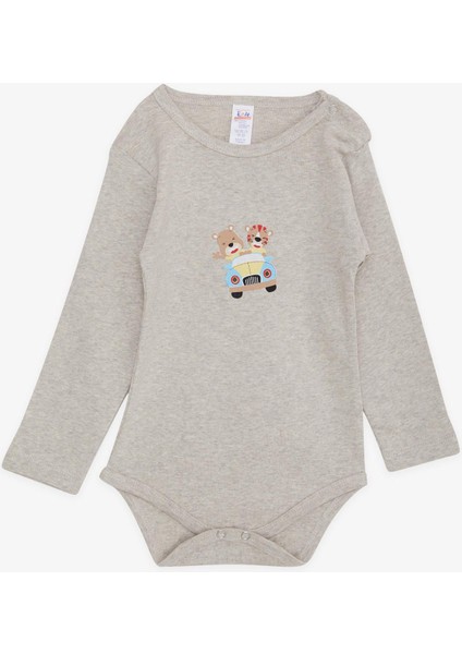 Erkek Bebek Çıtçıtlı Body Şoför Hayvancık Baskılı 9 Ay-3 Yaş, Bej Melanj