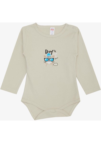 Erkek Bebek Çıtçıtlı Zıbın Body Gözlüklü Kedicik Baskılı 9 Ay-3 Yaş, Taş