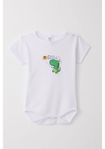 Erkek Bebek Çıtçıtlı Zıbın Body Eğlenceli Dinozor Baskılı 9 Ay-3 Yaş, Beyaz