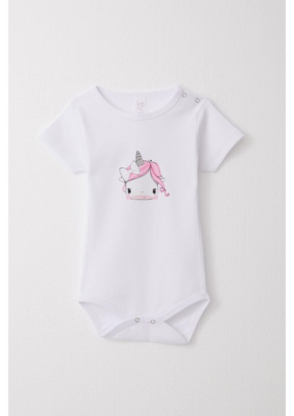 Kız Bebek Çıtçıtlı Zıbın Body Unıcorn Baskılı 9 Ay-3 Yaş, Beyaz