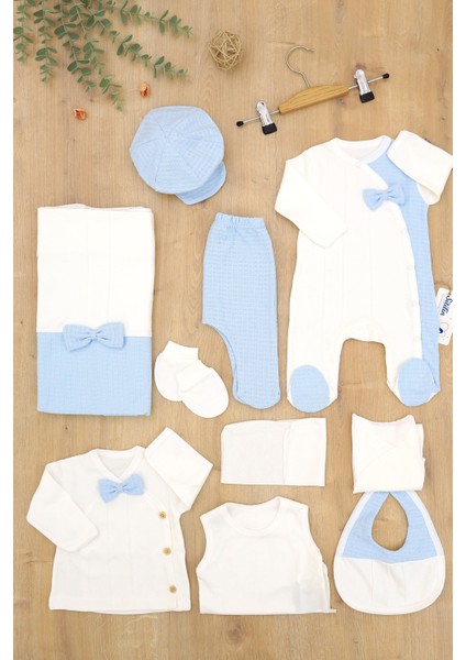 Erkek Bebek Beyaz Mavi Natıral Pamuk Kumaş Lüks 10 Lu Hastane Çıkışı Set Stl6788
