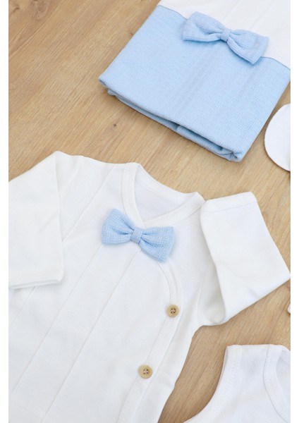 Erkek Bebek Beyaz Mavi Natıral Pamuk Kumaş Lüks 10 Lu Hastane Çıkışı Set Stl6788