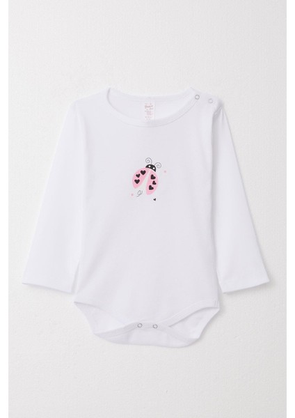 Kız Bebek Çıtçıtlı Zıbın Body Kalpli Uğur Böceği Baskılı 9 Ay-3 Yaş, Beyaz
