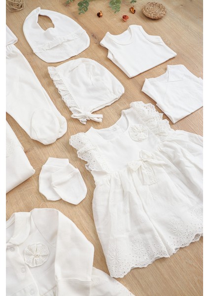 Kız Bebek Natıral Pamuk Kumaş Fistolu Dantelli Lüks 10 Lu Hastane Çıkışı Set Stl6800