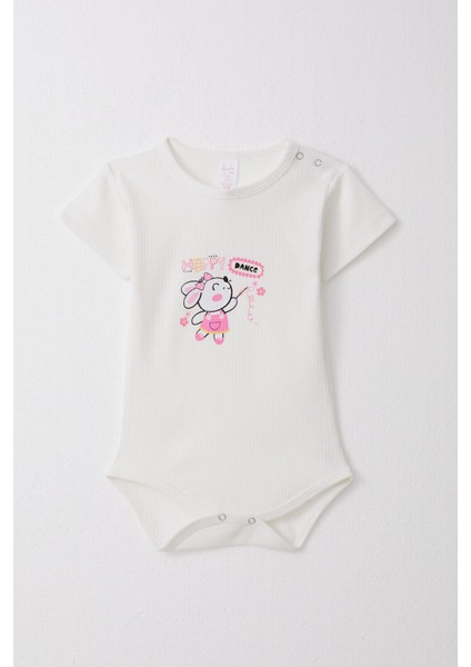 Kız Bebek Çıtçıtlı Zıbın Body Mutlu Tavşancık Baskılı Çiçekli 9 Ay-3 Yaş, Beyaz