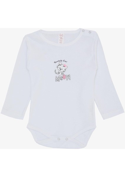 Kız Bebek Çıtçıtlı Zıbın Body Sevimli Bebek Kedicik Baskılı 9 Ay-3 Yaş, Beyaz