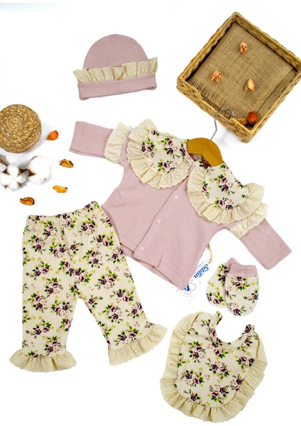 Kız Bebek Natural Pamuk Kumaş 5 Li Fistolu Lüks Süslü Hastane Çıkışı Seti Stl6676