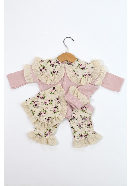 Kız Bebek Natural Pamuk Kumaş 5 Li Fistolu Lüks Süslü Hastane Çıkışı Seti Stl6676