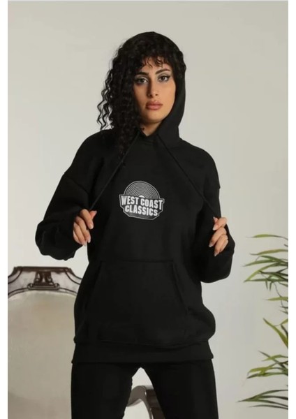 Sırt Baskılı Kapüşonlu Üç Iplik Oversize Sweatshirt - Siyah