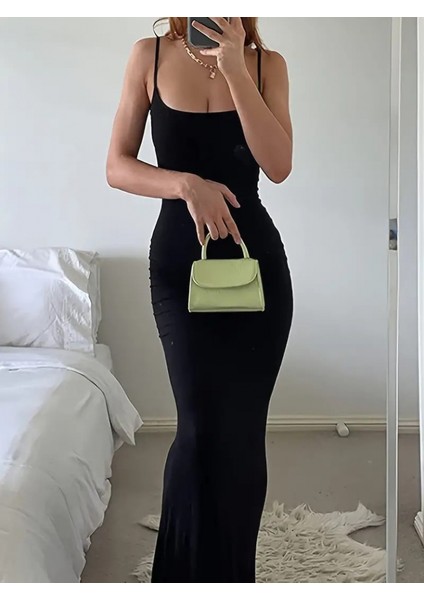 Kadın Kolsuz Askılı Bodycon Uzun Viskon Elbise