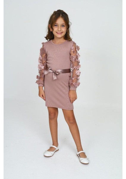 Belden Bağlamalı Tül Detaylı Çocuk Elbise Mykids Collection