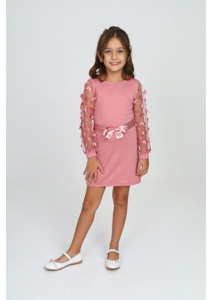 Belden Bağlamalı Tül Detaylı Çocuk Elbise Mykids Collection