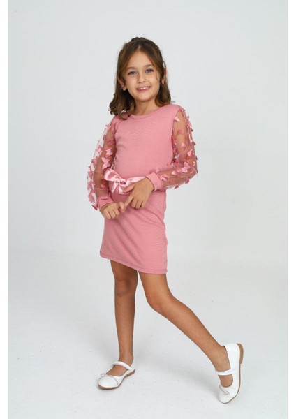 Belden Bağlamalı Tül Detaylı Çocuk Elbise Mykids Collection modelleri