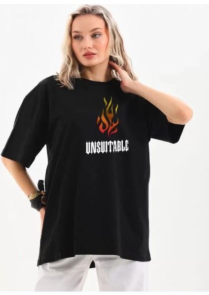 Unisex Bisiklet Yaka Baskılı Oversize T-Shirt - Siyah