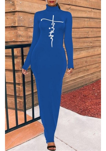 Kadın Uzun Kollu Boğazlı Baskı Detaylı Viskon Tam Boy Elbise fiyatları