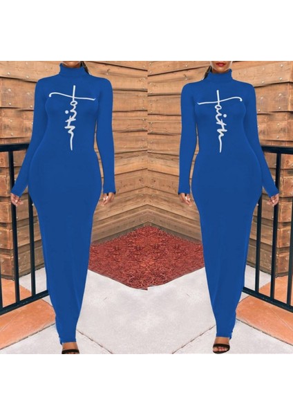 Kadın Uzun Kollu Boğazlı Baskı Detaylı Viskon Tam Boy Elbise modelleri