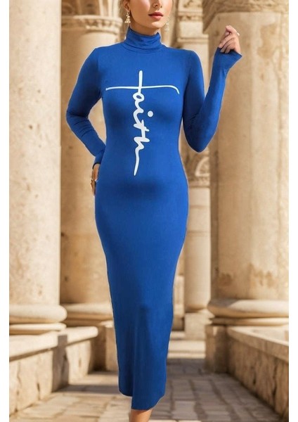 Kadın Uzun Kollu Boğazlı Baskı Detaylı Viskon Tam Boy Elbise indirimleri