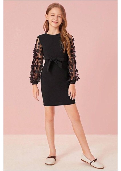 Belden Bağlamalı Tül Detaylı Çocuk Elbise Mykids Collection