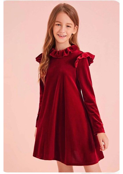 Kız Çocuk Kadife Elbise Fırfır Detaylarıyla İçin Uygun