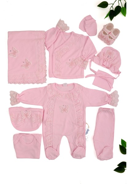 Kız Bebek Pembe Kelebekli Fistolu Pamuk 10 Lu Hastane Çıkışı Seti Stl6742