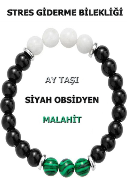 Doğal Taş Stres Bilekliği Ay Taşı - Obsidyen - Malahit