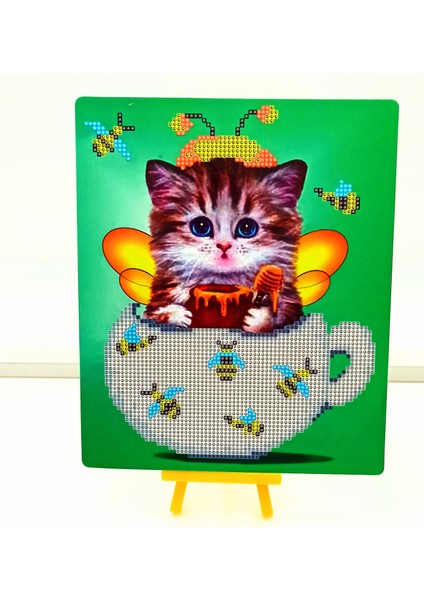 Boncuklu Taşlı Mozaik Elmas Goblen Pano Tablo Resim Puzzle Dıamond Paıntıng 21X25- Kedi Modeli