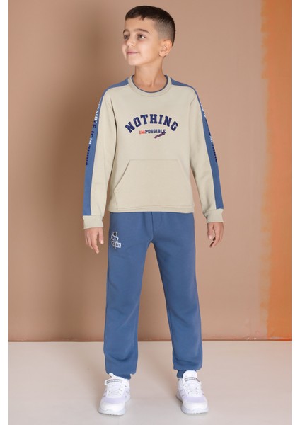Krem Şerit Yazı Baskılı Şardonlu Erkek Çocuk Eşofman Takımı 19606