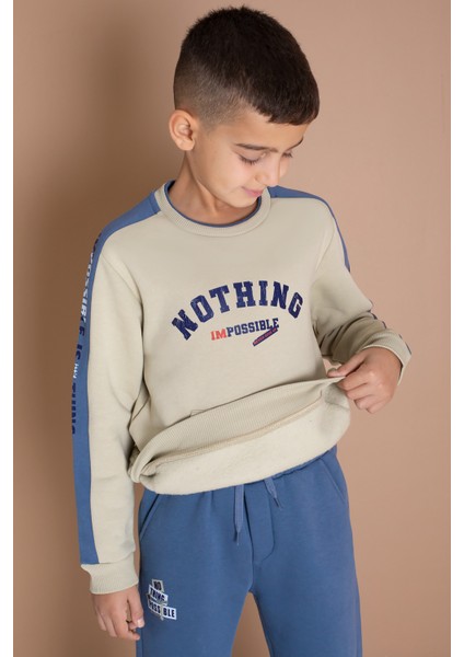 Krem Şerit Yazı Baskılı Şardonlu Erkek Çocuk Eşofman Takımı 19606 fiyatları