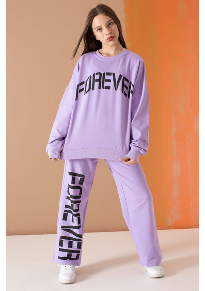 Lila Forever Yazı Baskılı Kız Çocuk Eşofman Takımı 19571