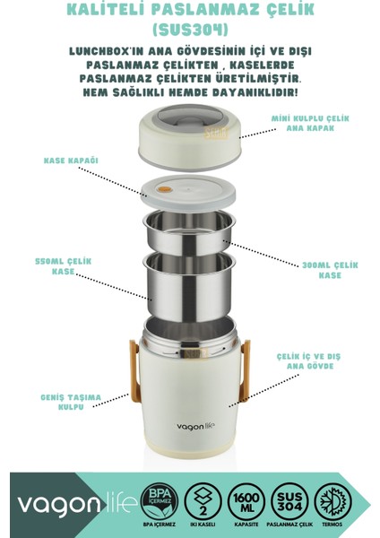 Bento 1600ML Lunchbox Yeni Koleksiyon 2 Kaseli 4-6 Saat Sıcak/soğuk Termos Özellikli Çelik Sefer Tası Yemek Kutusu fiyatları