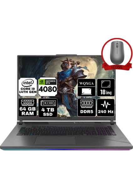 Rog Strıx G18 Intel Core I9-14900HX 64GB 4tb SSD RTX4080/12GB 18" Wqxga 240Hz W11P Taşınabilir Bilgisayar G814JZR-N6090-A92 & Anzar Mouse