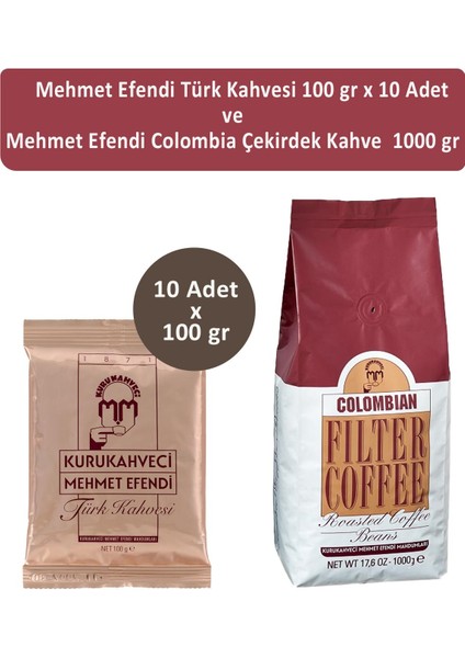 Mehmet Efendi Türk Kahvesi 100 gr x 10 Adet ve Mehmet Efendi Colombian Çekirdek Kahve 1000 gr