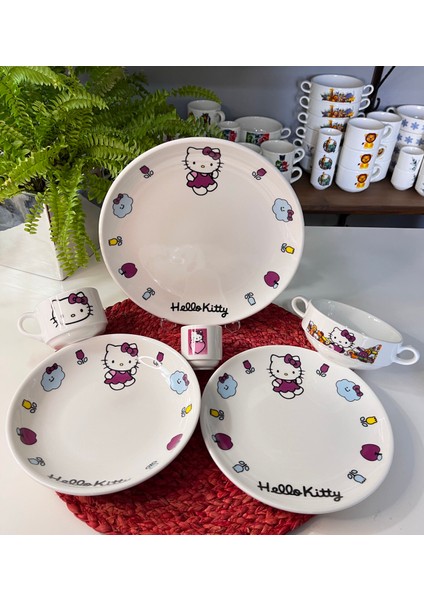 6 Parça Hello Kitty Desen Porselen Çocuk Yemek Takımı Mama Seti