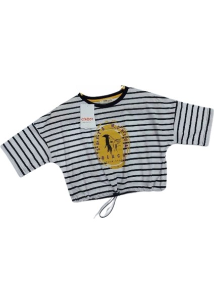 Kız Çocuk T-Shirt Belden Lastikli Crop Ekru Siyah Çizgili fiyatları